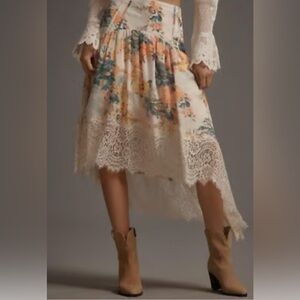 Anthropology Asymmetrical floral and Lace Hem skirt